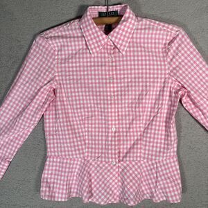 Lauren Ralph Lauren Peplum Top Women Size 4P Pink Gingham Plaid Academia Cottage